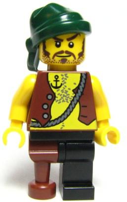LEGO Minifigure-Pirate Vest and Anchor Tattoo, Black Leg and Peg Leg, Dark Green Bandana, Brown Mustache-Pirates / Pirates II-PI110-Creative Brick Builders